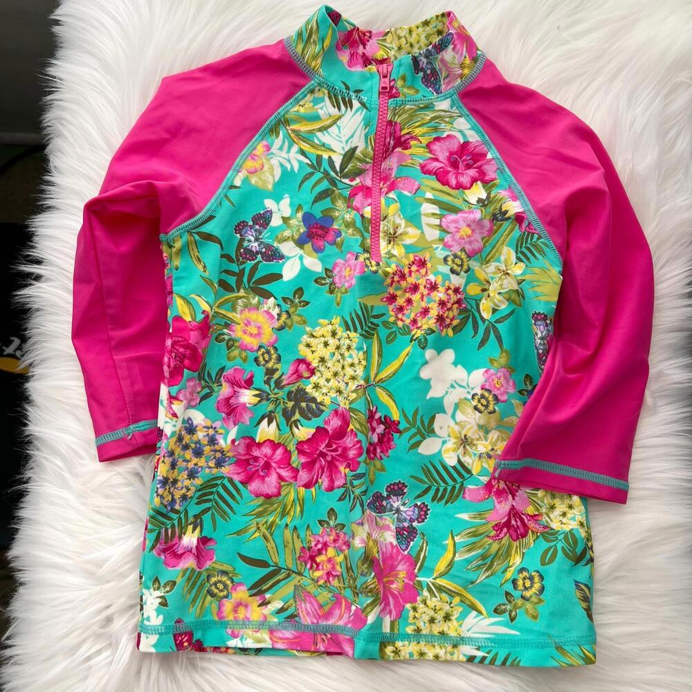 NWT Monsoon - Pink tropical zip rash guard, Girls 7-8
